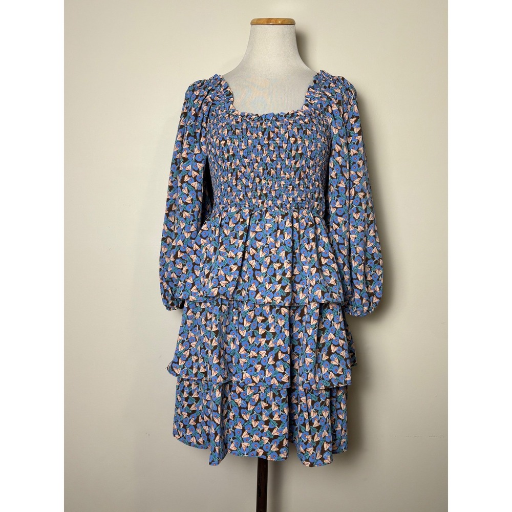 Entro Smocked Tiered Ruffle Mini Dress M Firefly Floral Milkmaid Puffed Sleeve